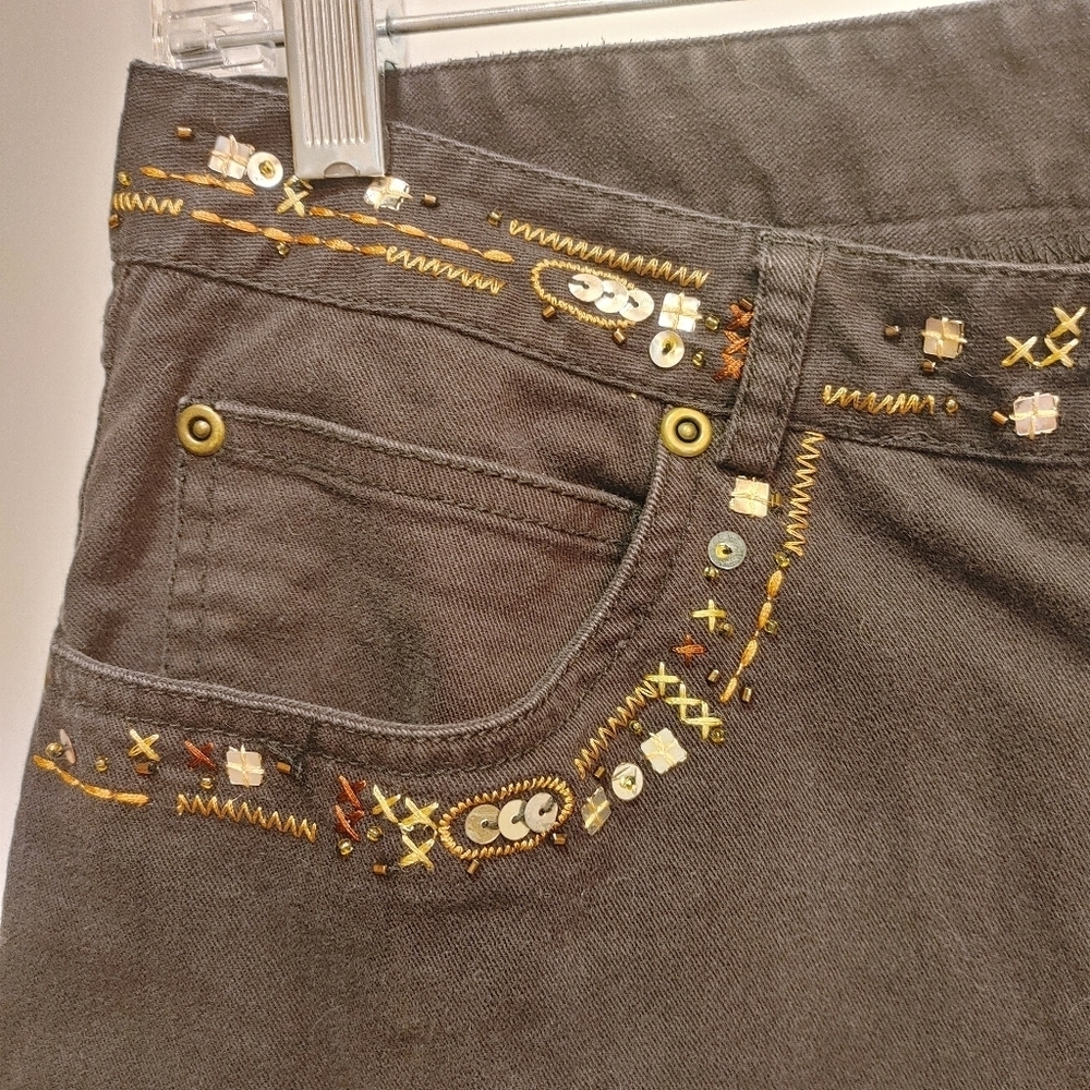 Boho Embellished Black Jeans Size 12 Straight Leg Beaded Sequin Denim - Picture 3 of 4